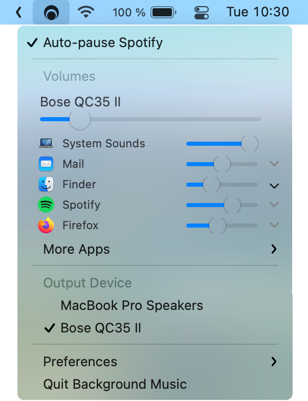 Background Music menu showing per-application volume sliders and audio controls.