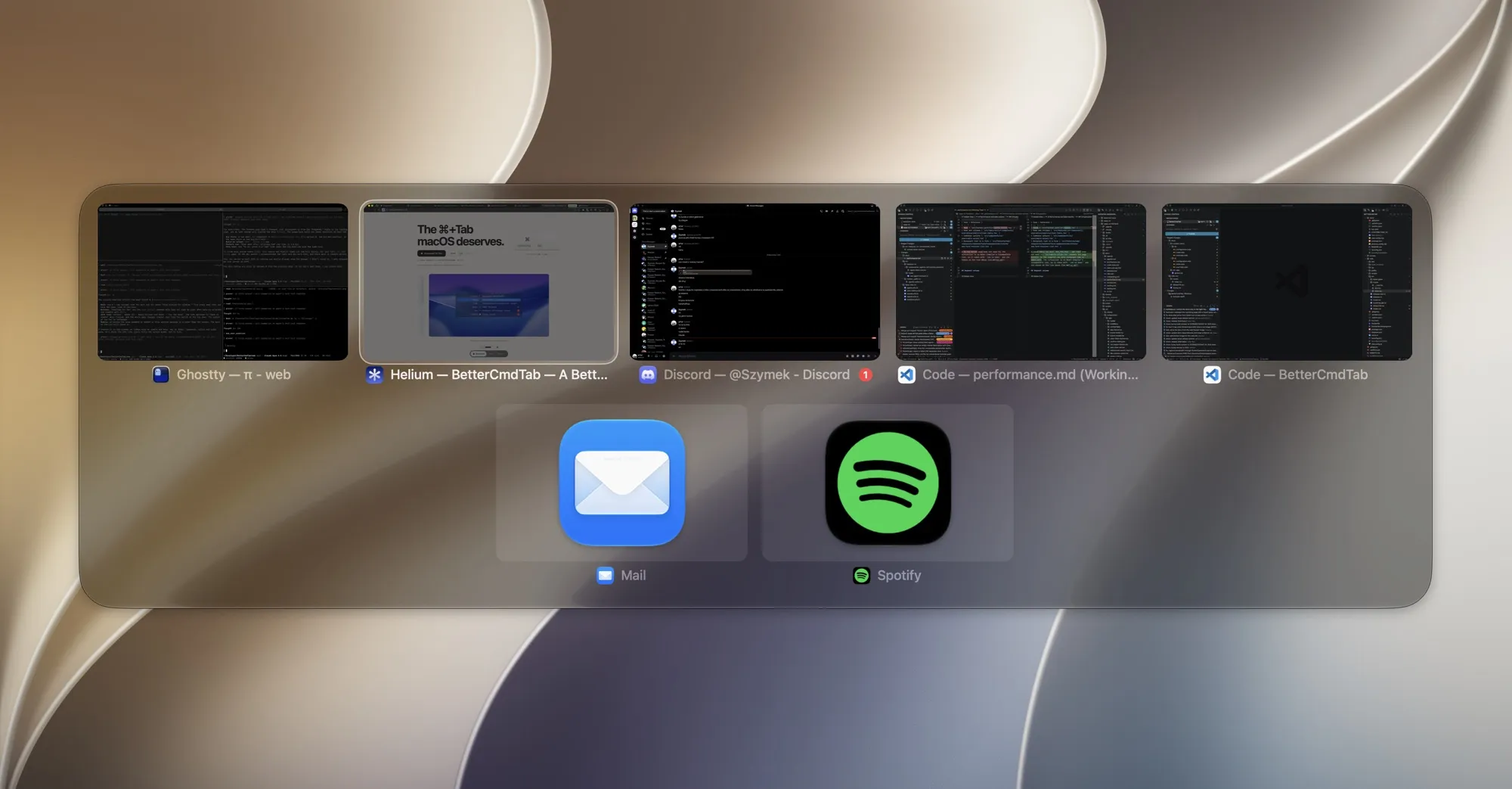 BetterCmdTab window switcher showing open-window previews.