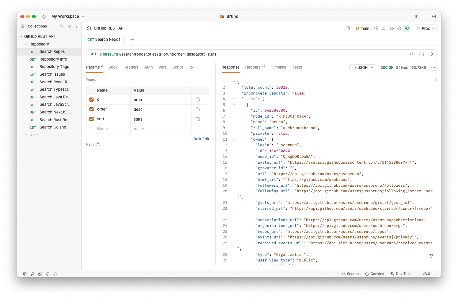 Bruno API client with a request collection and response workspace.
