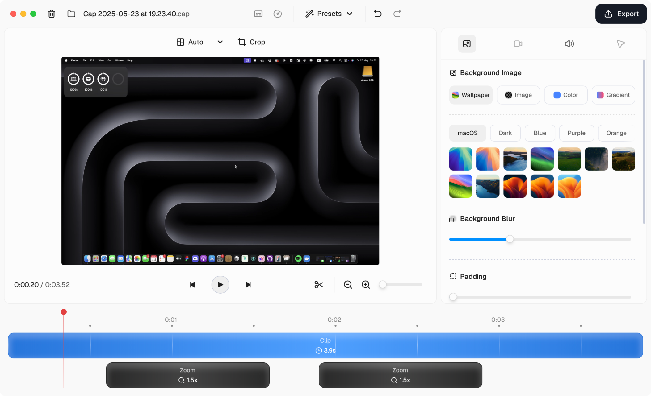 Cap video editor with a recording preview, background settings, and zoom tracks on the timeline.