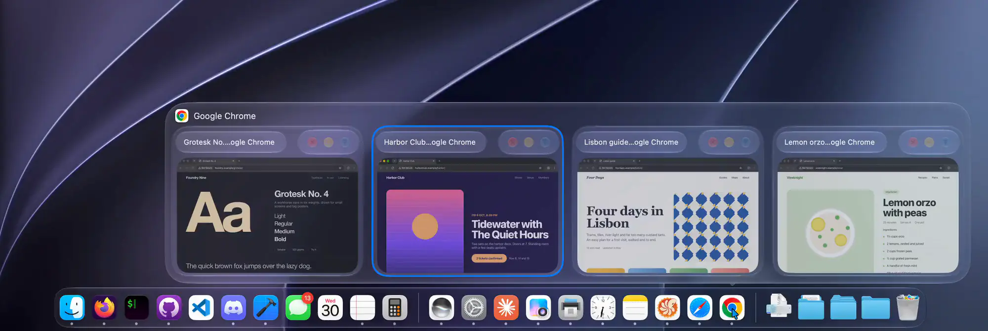 DockDoor showing live previews of application windows above the macOS Dock.