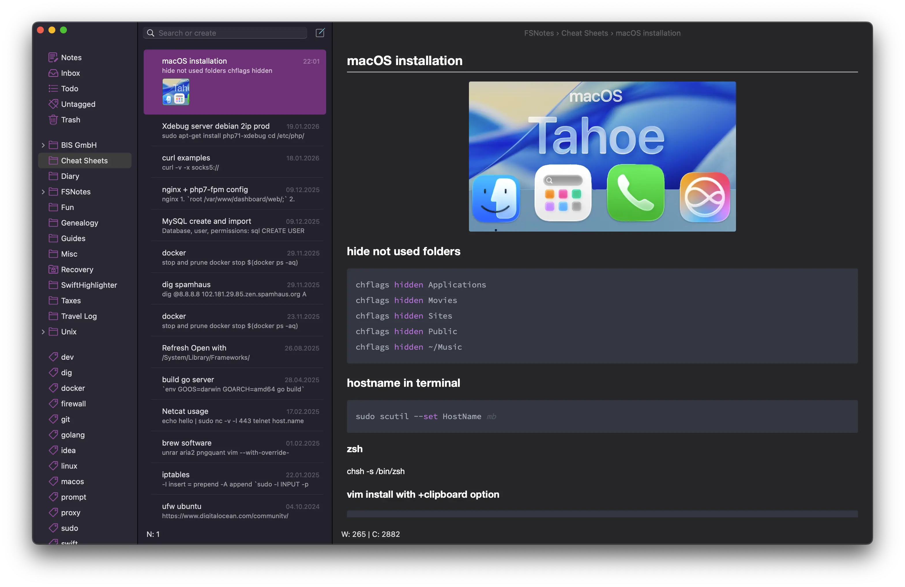 FSNotes for macOS displaying its note list and editor in dark mode.