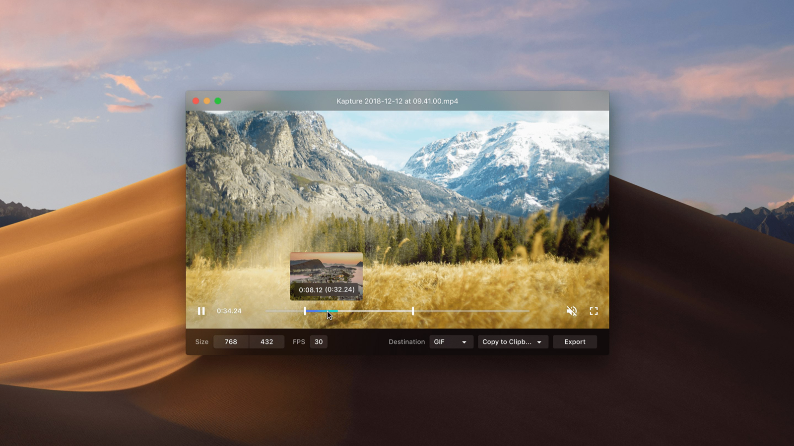 Kap showing its recording export interface.