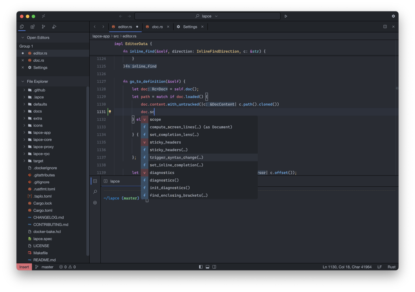 Lapce on macOS showing a Rust project, code completion, file navigation, and an integrated terminal.