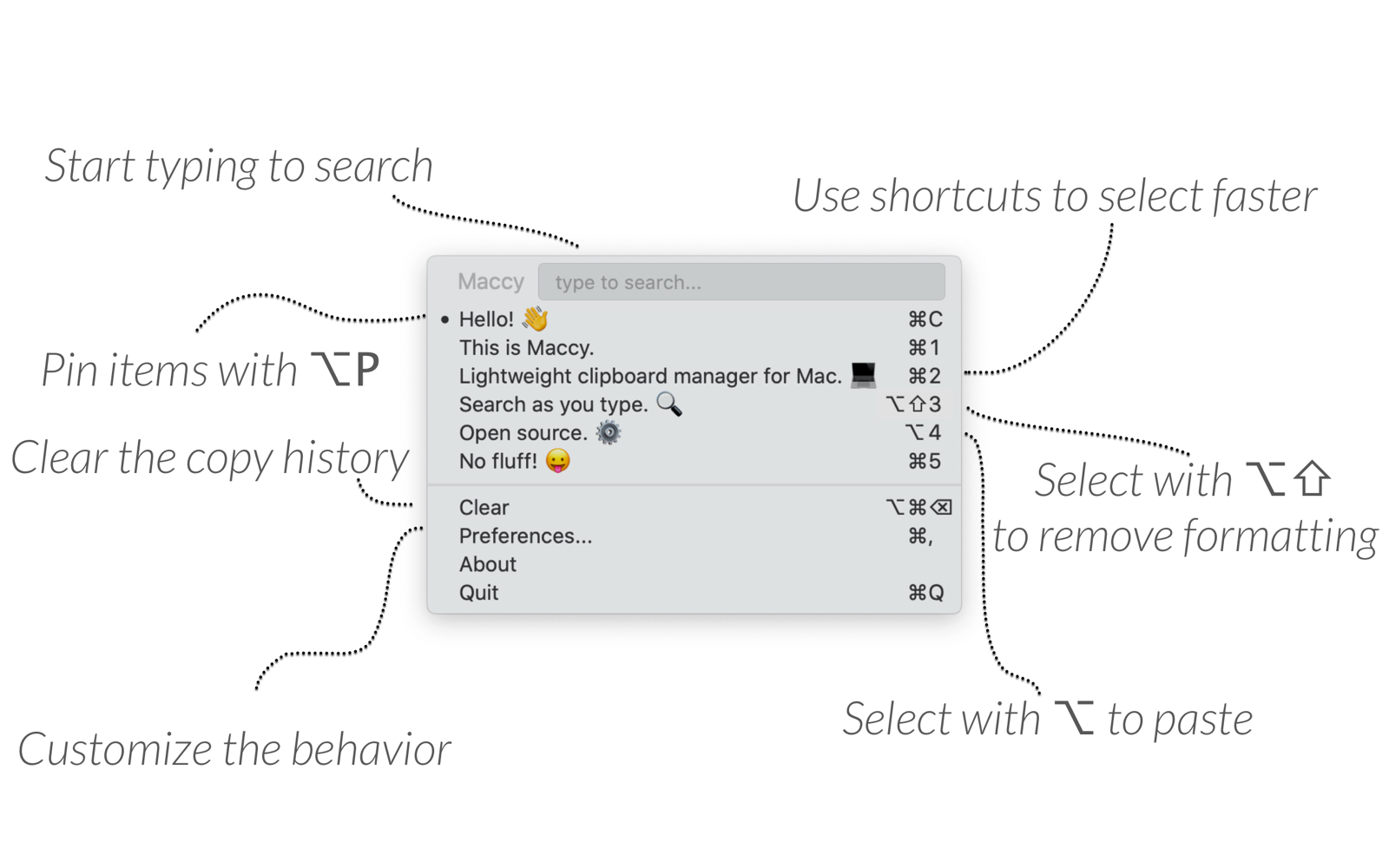 Upstream annotated Maccy screenshot explaining search, pinning and clipboard actions.