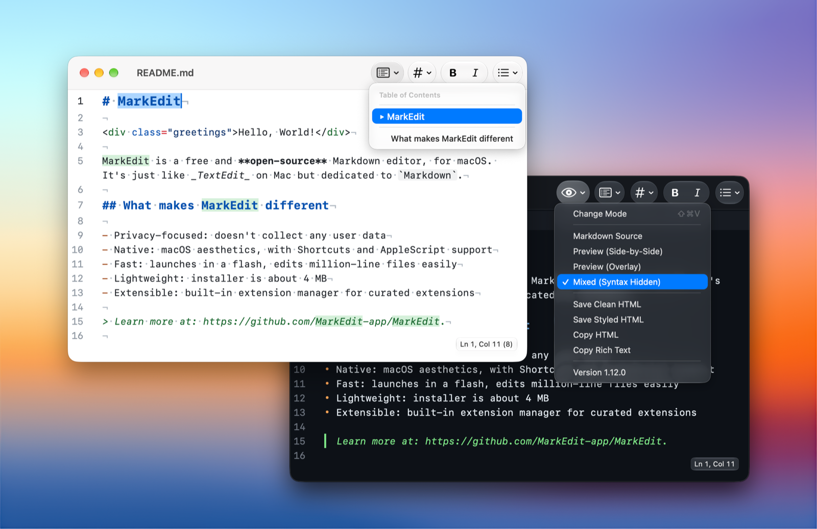 MarkEdit showing a Markdown document in its native Mac editor.