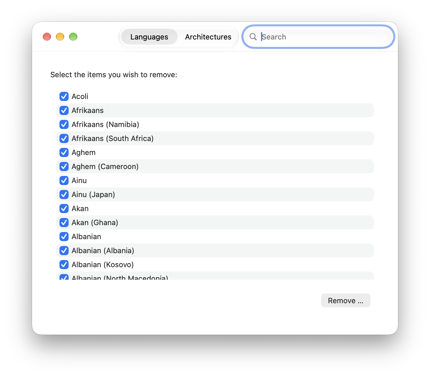 Monolingual main window listing languages available for removal.