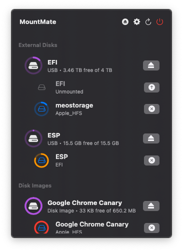 MountMate menu listing external volumes and their mounting controls.