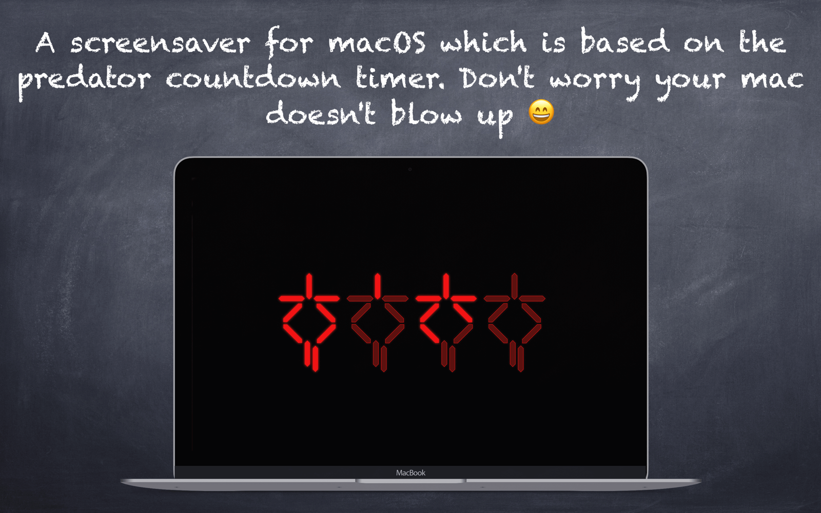 Official promotional image of the Predator screensaver showing red alien-style clock glyphs on a MacBook display.