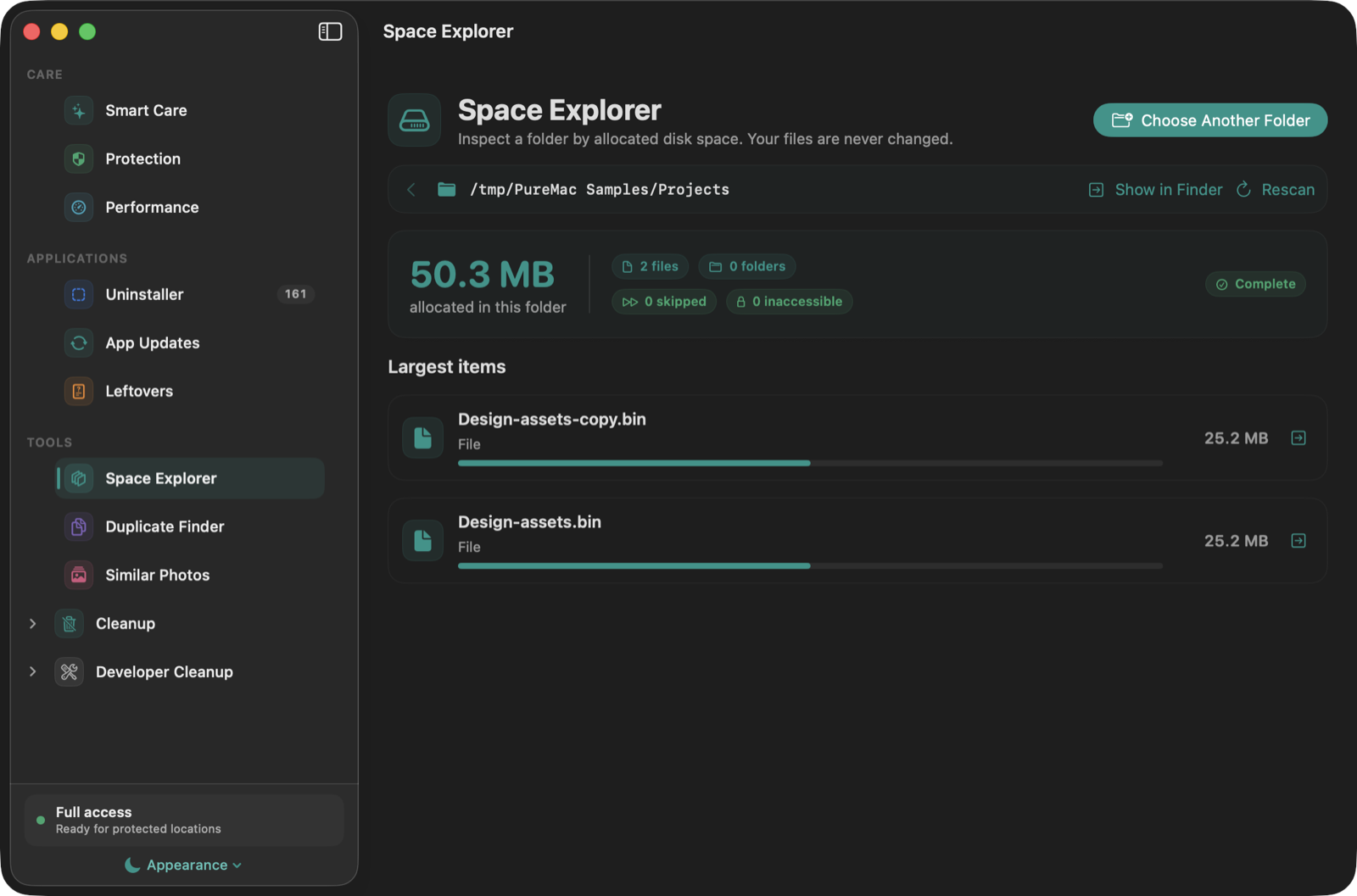 PureMac storage explorer showing space used by folders and files.