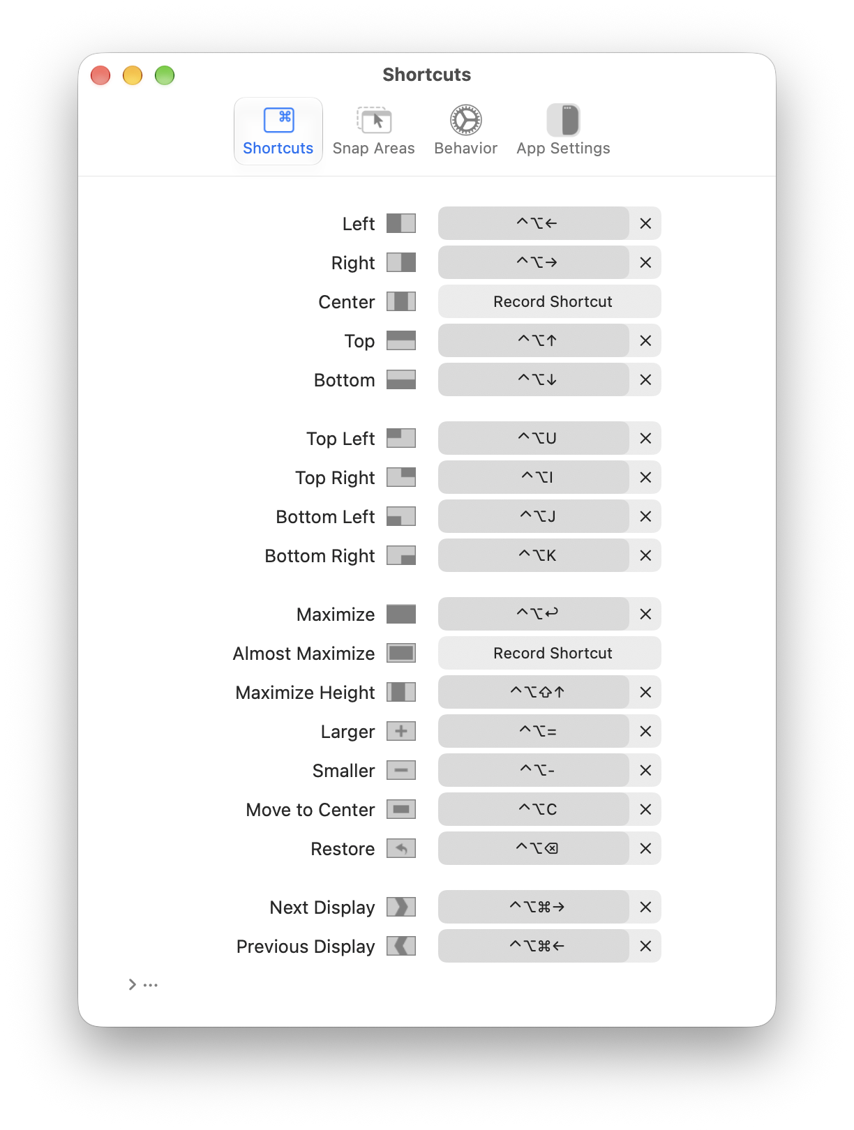Rectangle shortcut preferences showing window positions and assigned keyboard shortcuts.