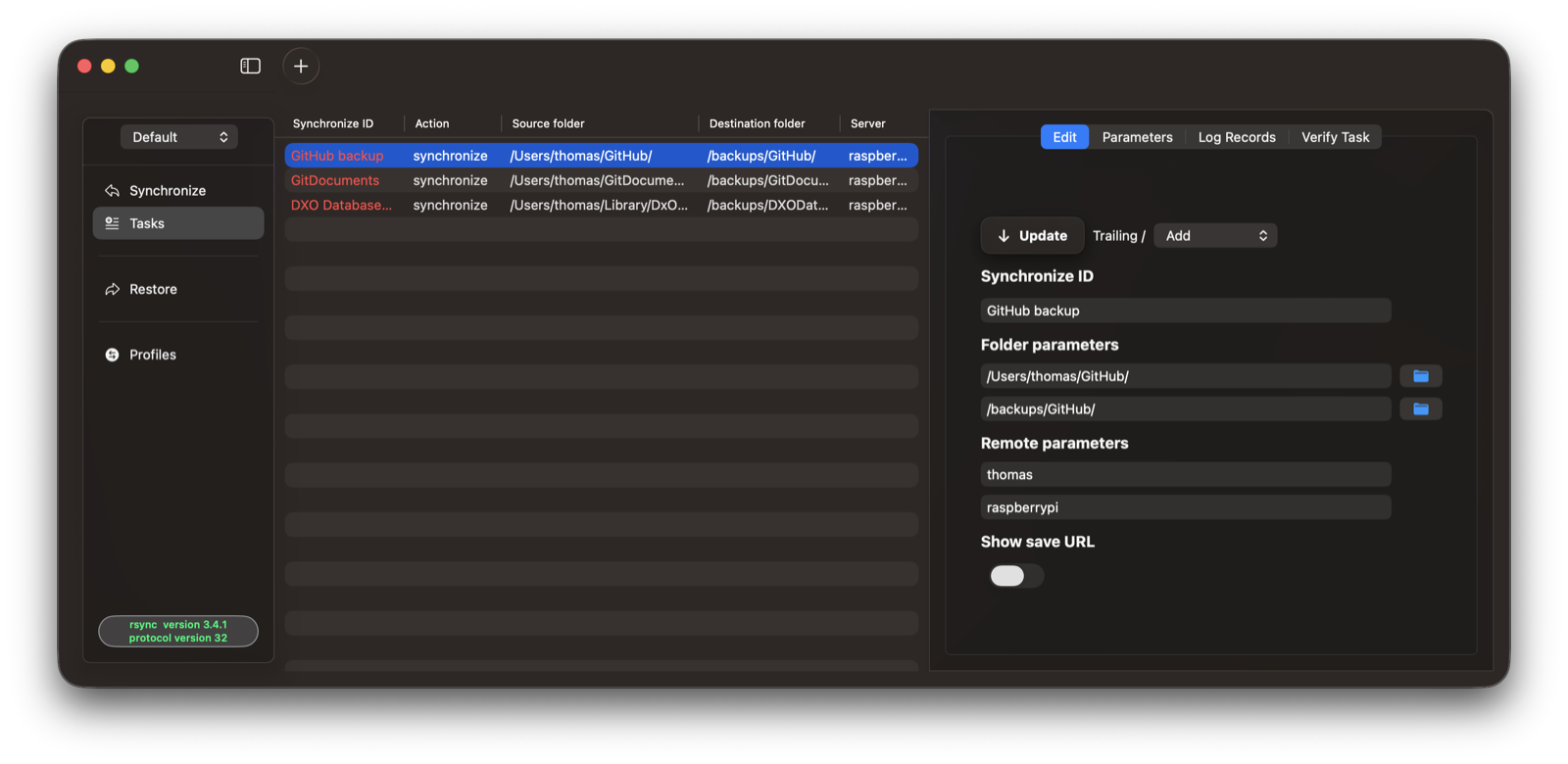RsyncUI main application window for managing synchronization tasks.