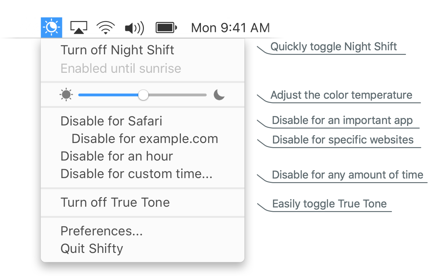 Shifty menu with Night Shift controls and a color-temperature slider.
