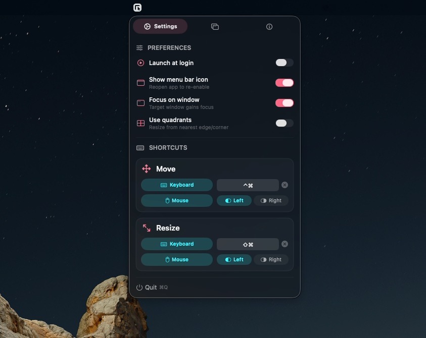 SwiftShift settings window with options for moving and resizing windows.