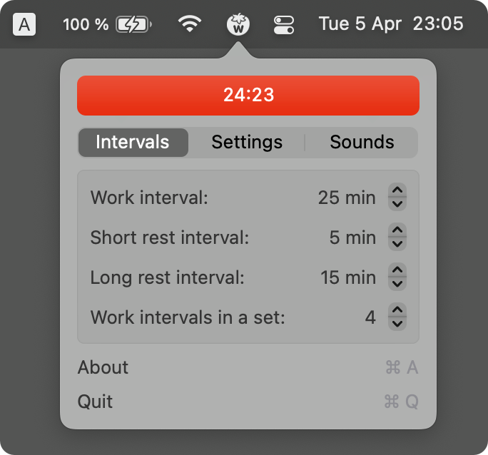 TomatoBar menu showing a focus timer and controls for work and rest intervals.