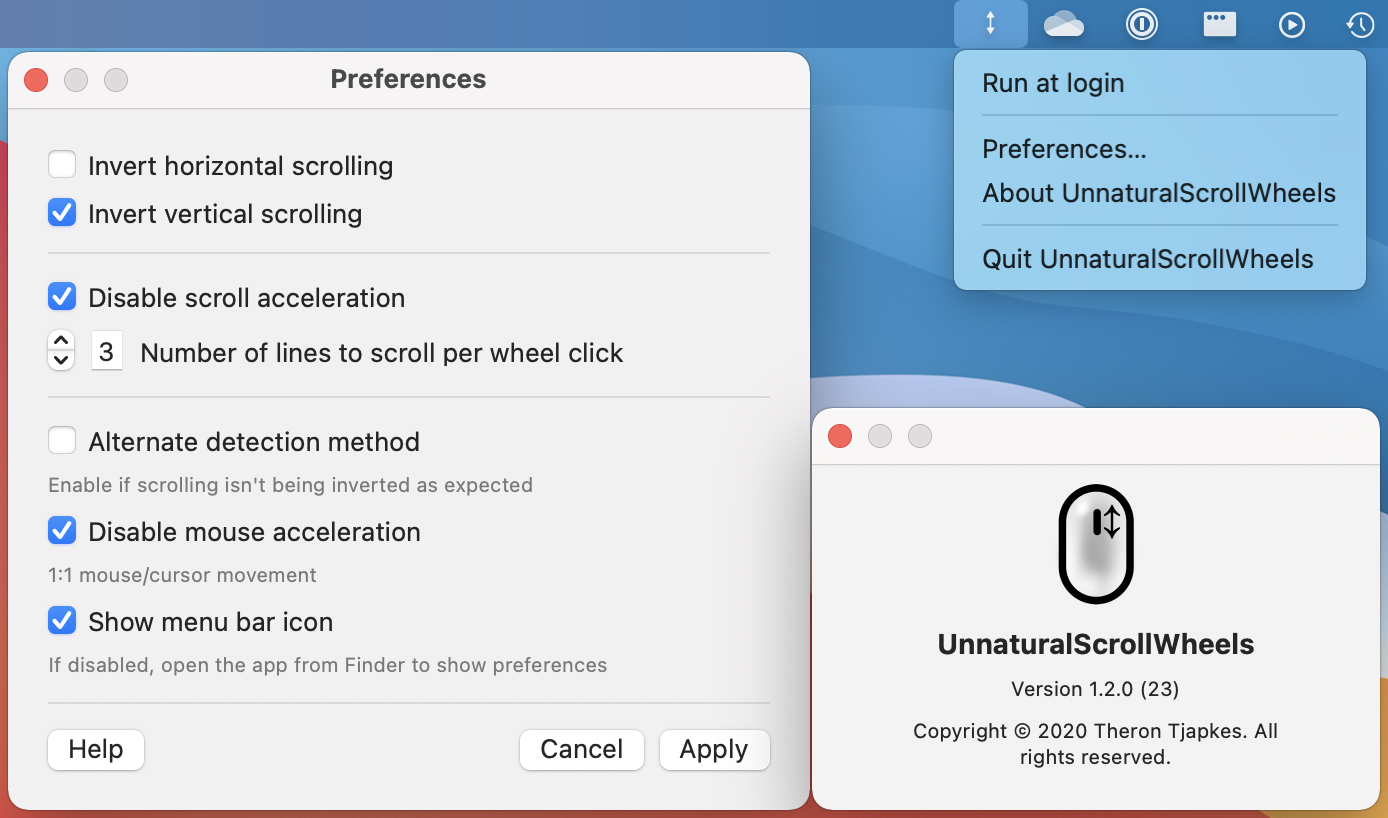 UnnaturalScrollWheels settings for scroll direction, acceleration, and scrolling speed.