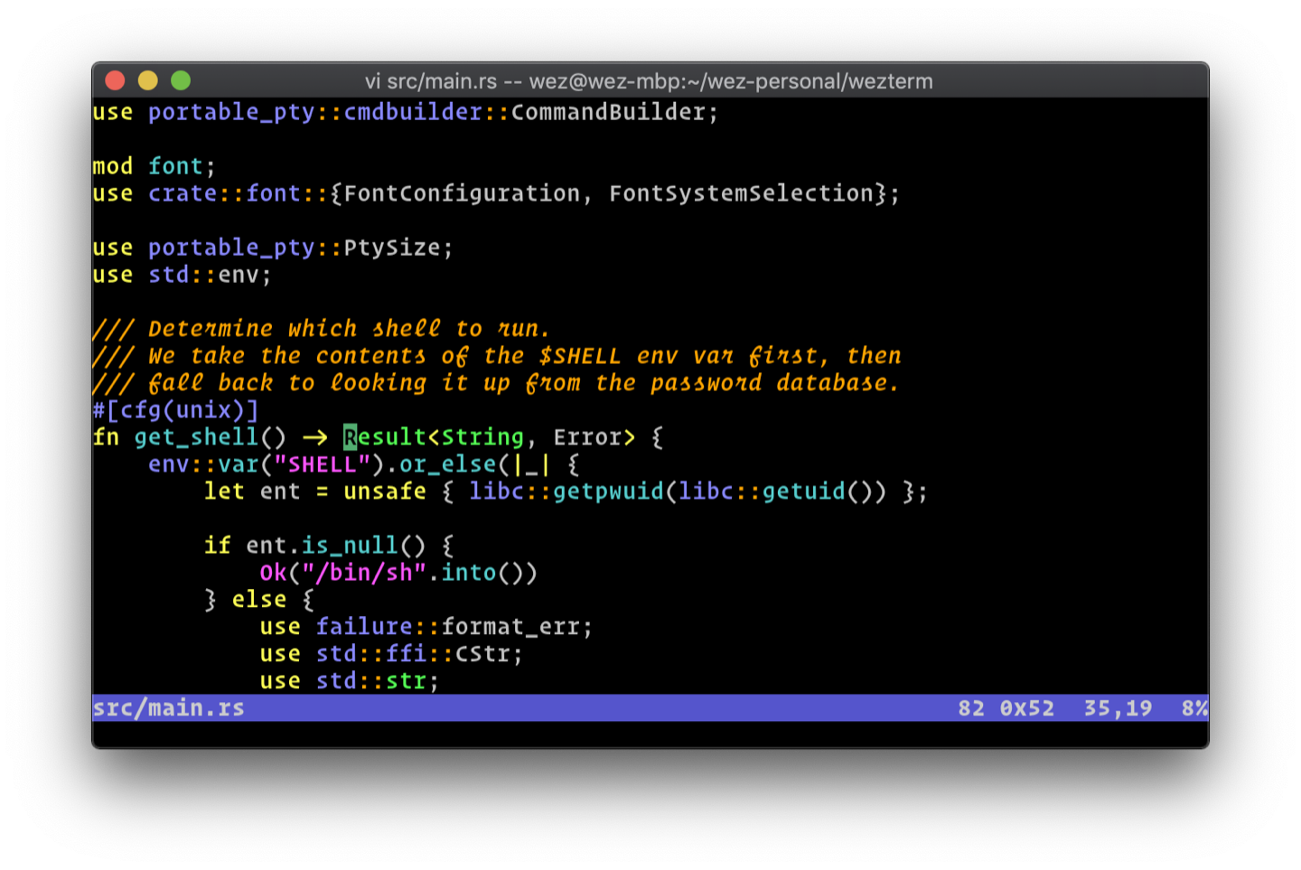 WezTerm on macOS running Vim with Rust source code and syntax highlighting.